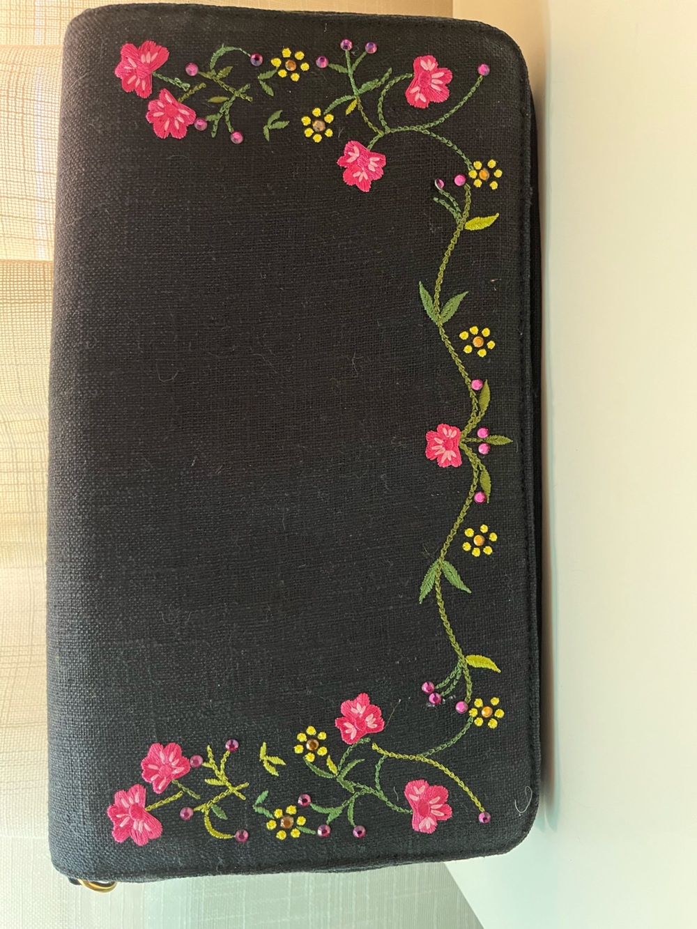 Blaine Trump Black Linen Clutch with Pink Floral Embroidery and Beading NWOT